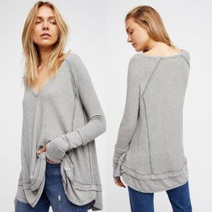 Free People Gray V-Neck Laguna Thermal Long Sleeve Top